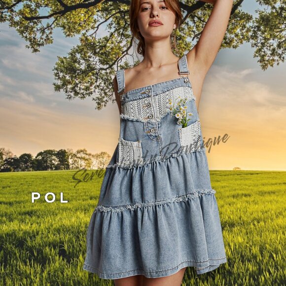 POL Sweet Farmer Girl Denim & Lace Patchwork Suspender Overalls Blue Jean Dress - Picture 2 of 12